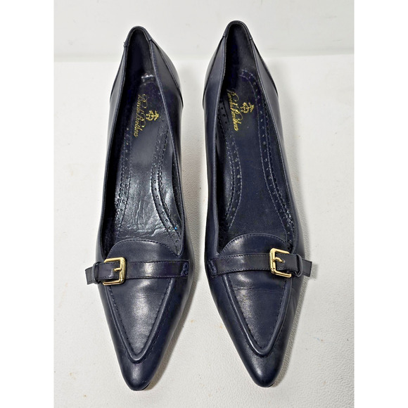 BROOKS BROTHERS Leather 7.5 Kitten Heels Buckle Pointed Toe Italy Bluish Black - Picture 2 of 12